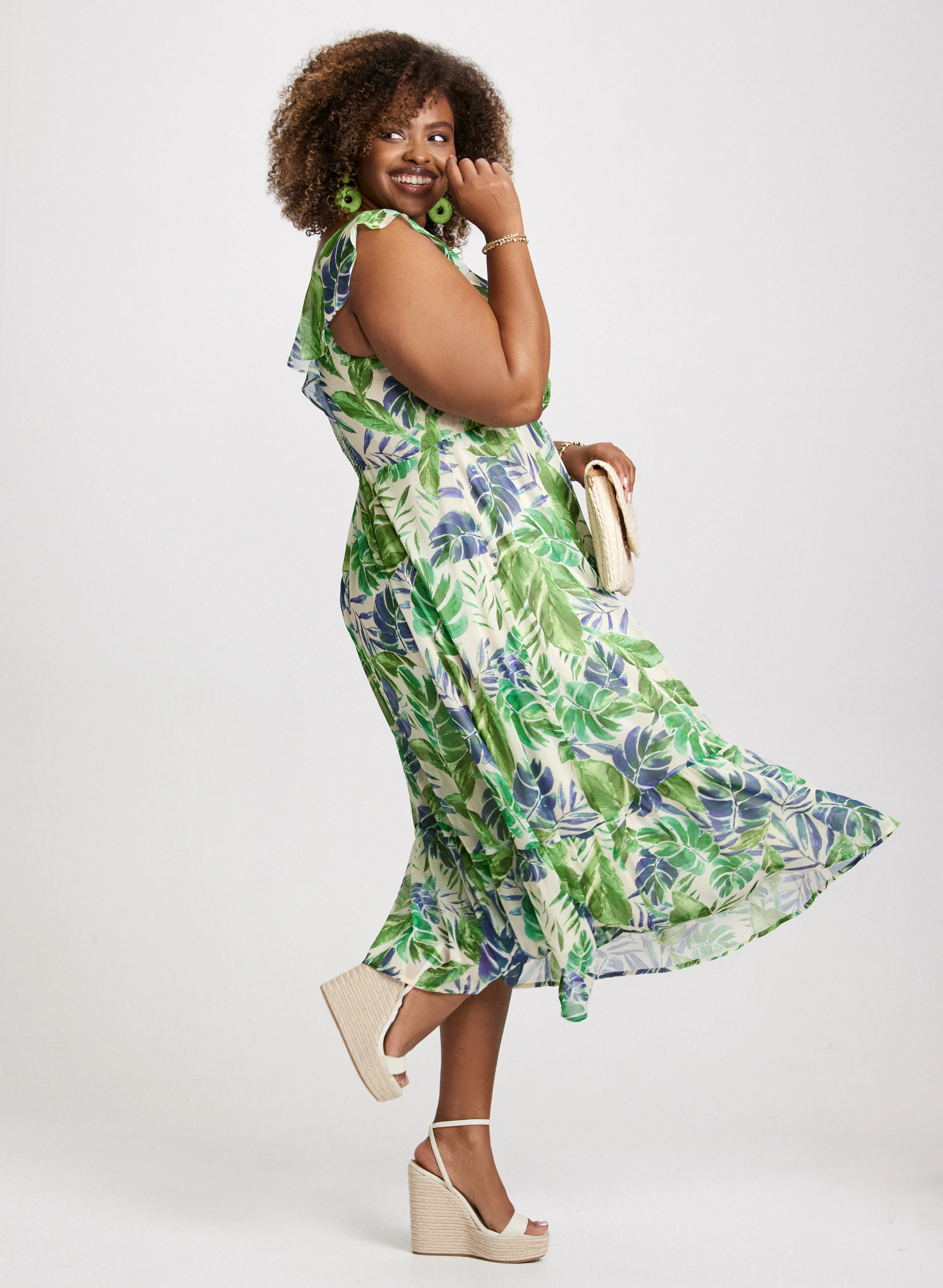 Ruffled V-Neck Crepe Maxi Dress