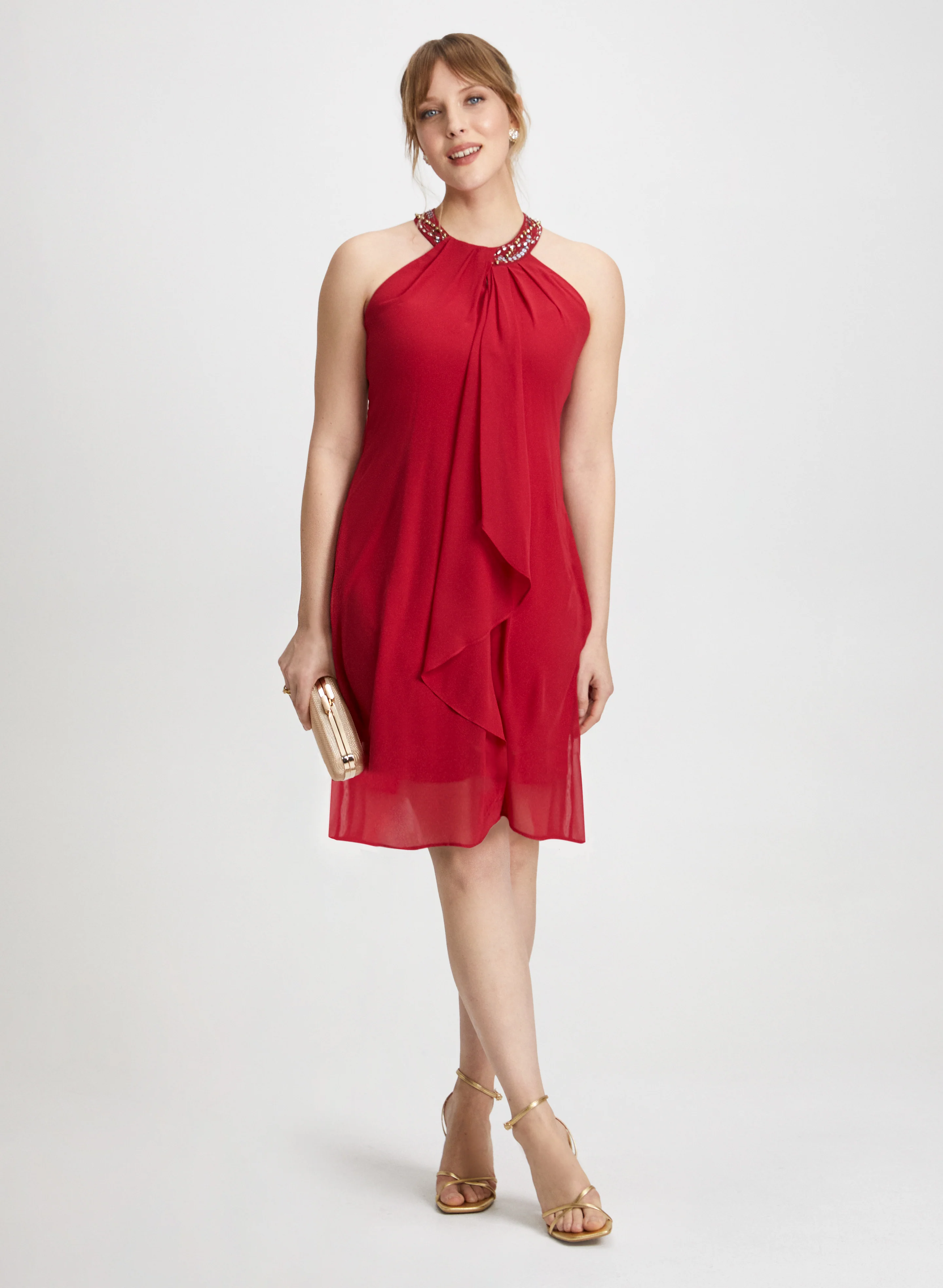 Beaded Halter Neck Chiffon Dress