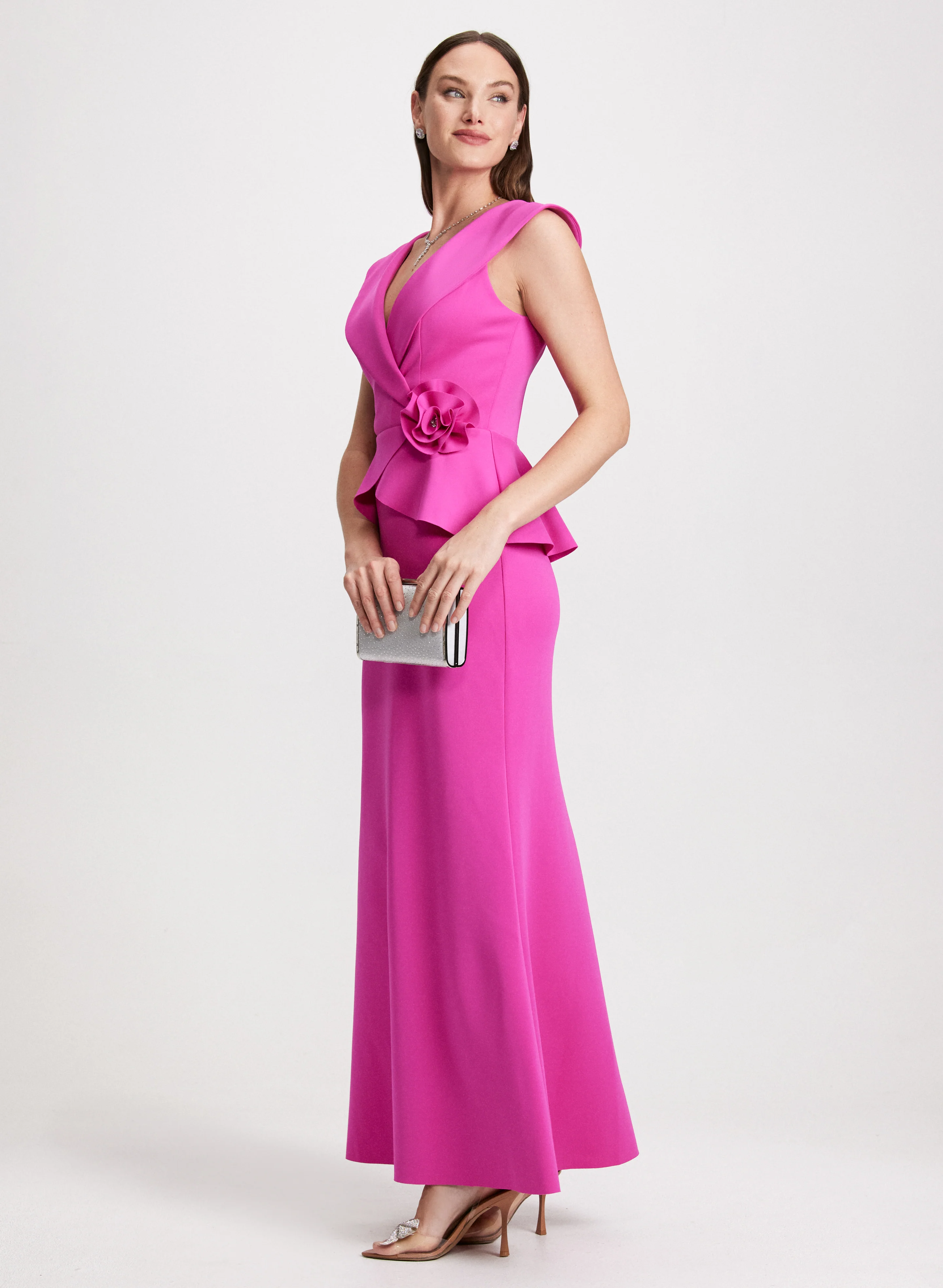 Rosette & Tuxedo Collar Evening Dress