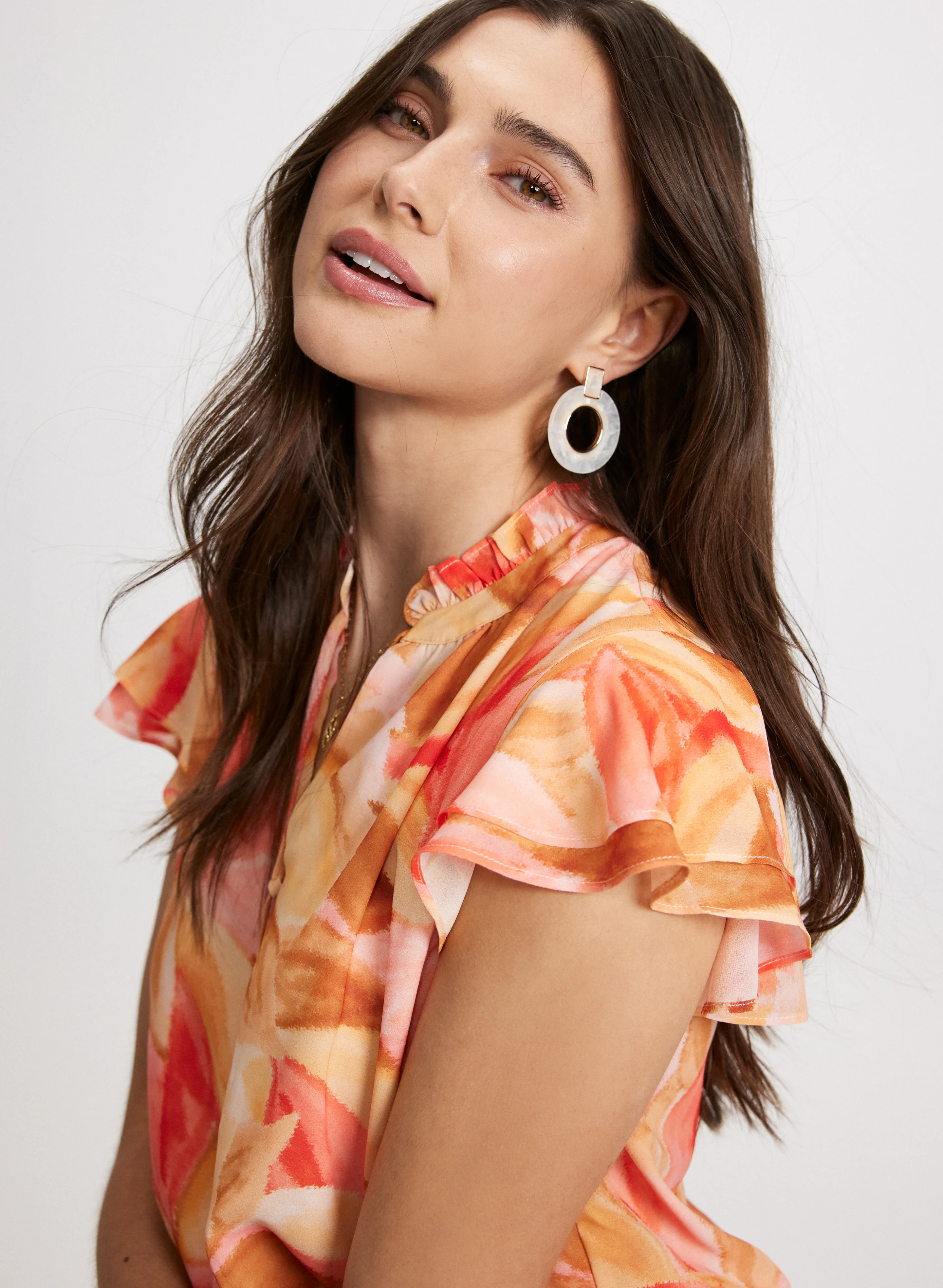 Tropical Print Tiered Sleeve Blouse