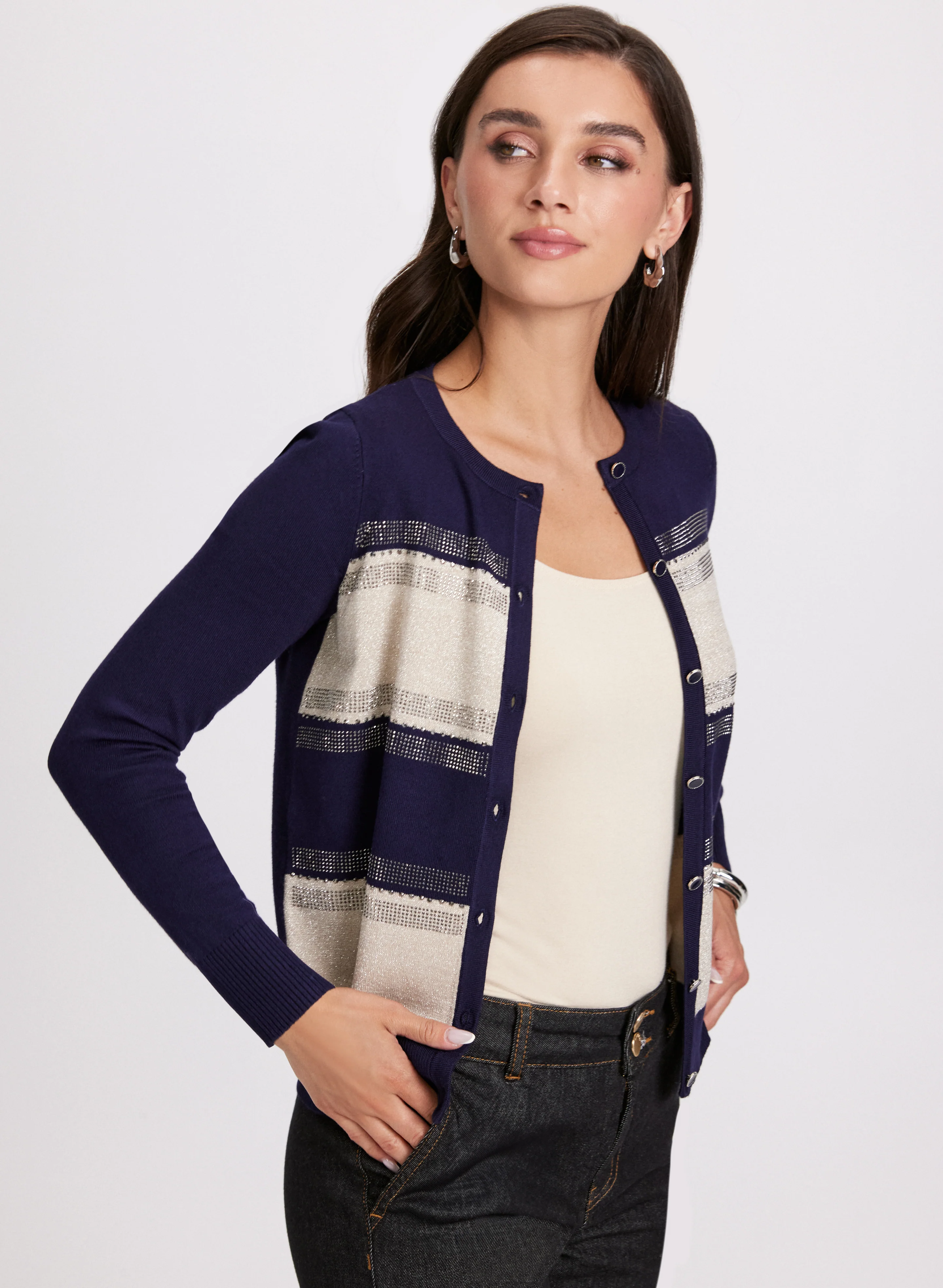 Stripe Print Rhinestone Embellished Cardigan