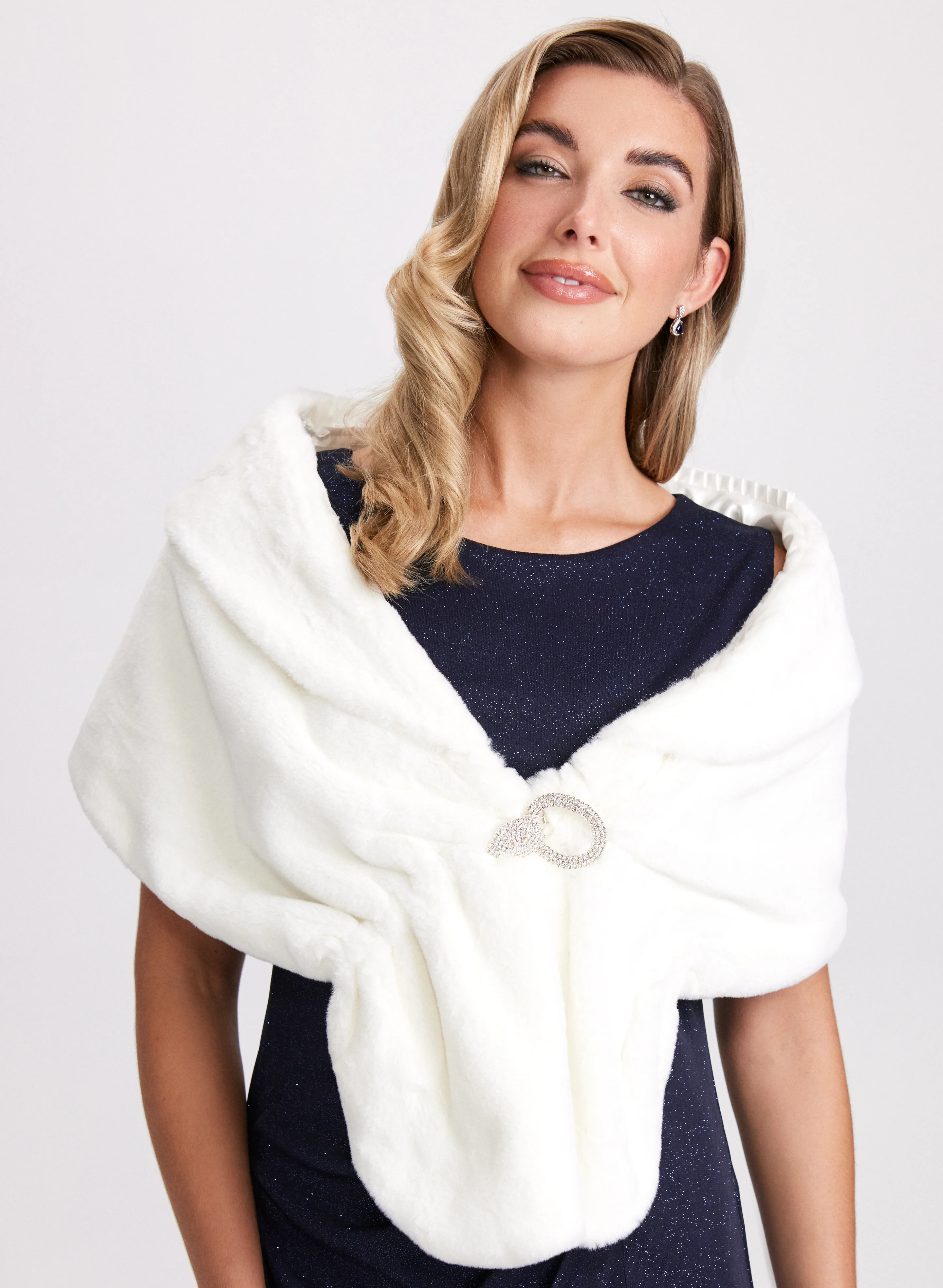 Rhinestone Clip Faux Fur Stole