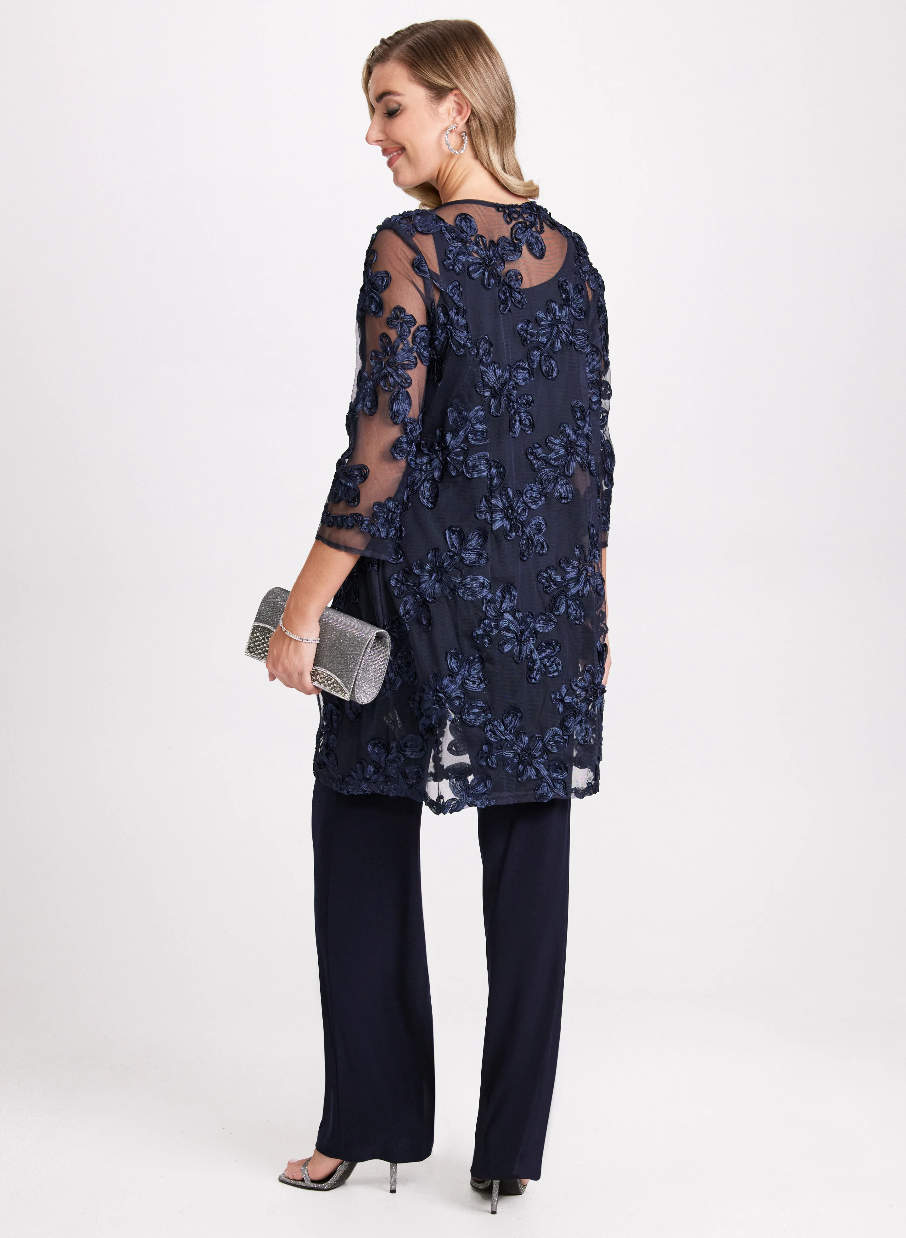 Sheer Floral Jacket, Camisole & Pant Set