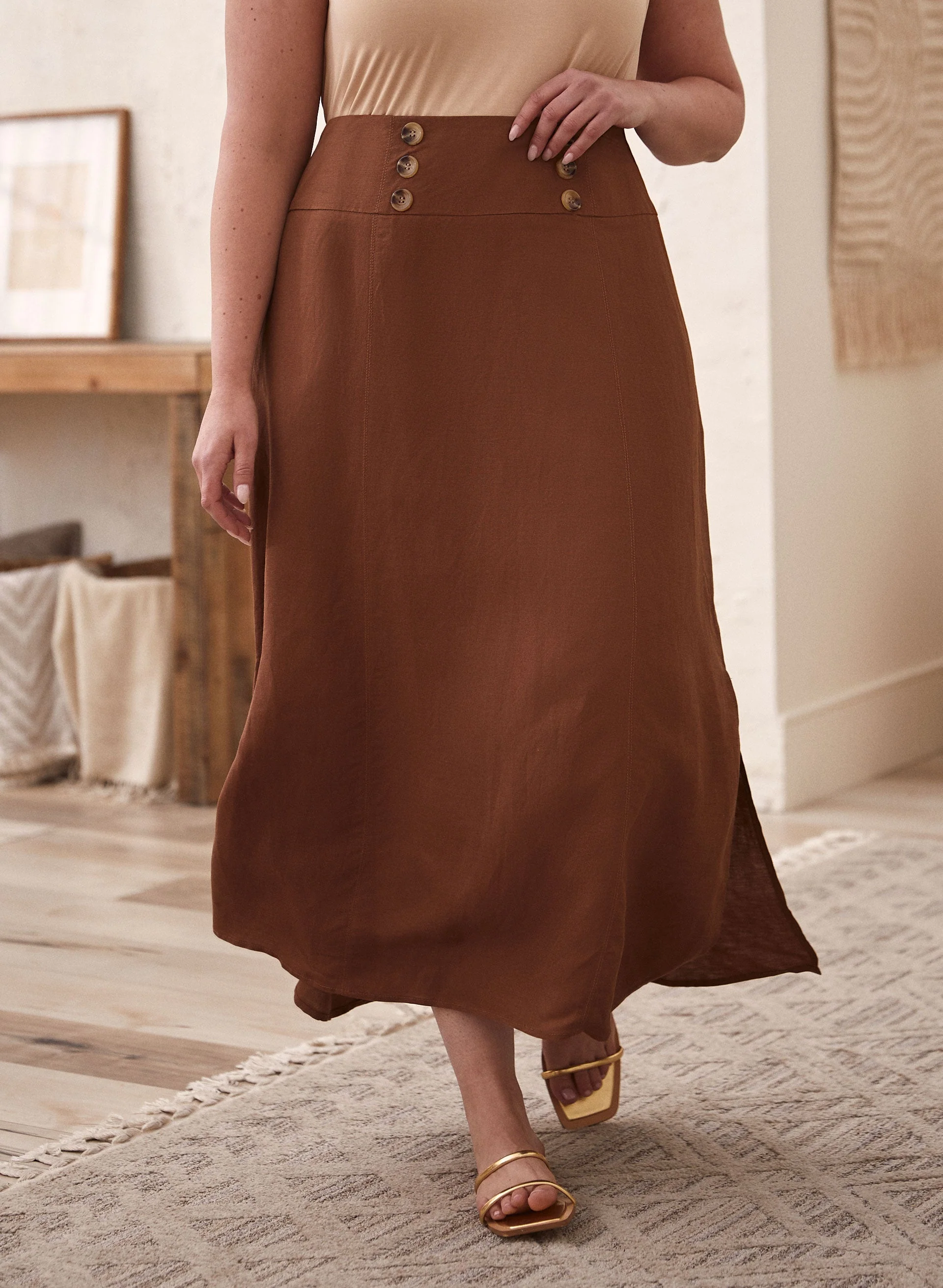 Button Detail Linen-Blend Skirt