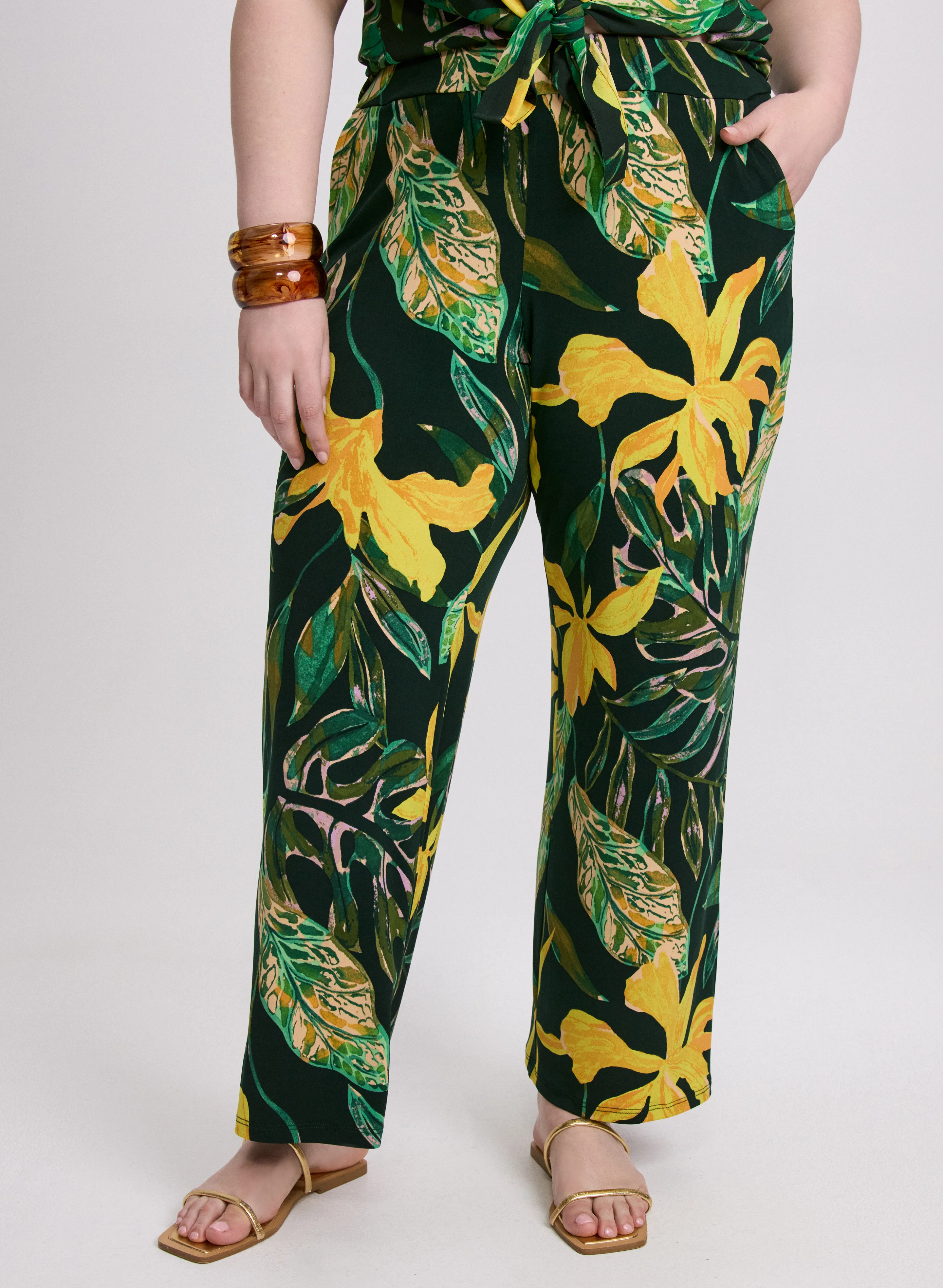 Palm Print Wide-Leg Pants