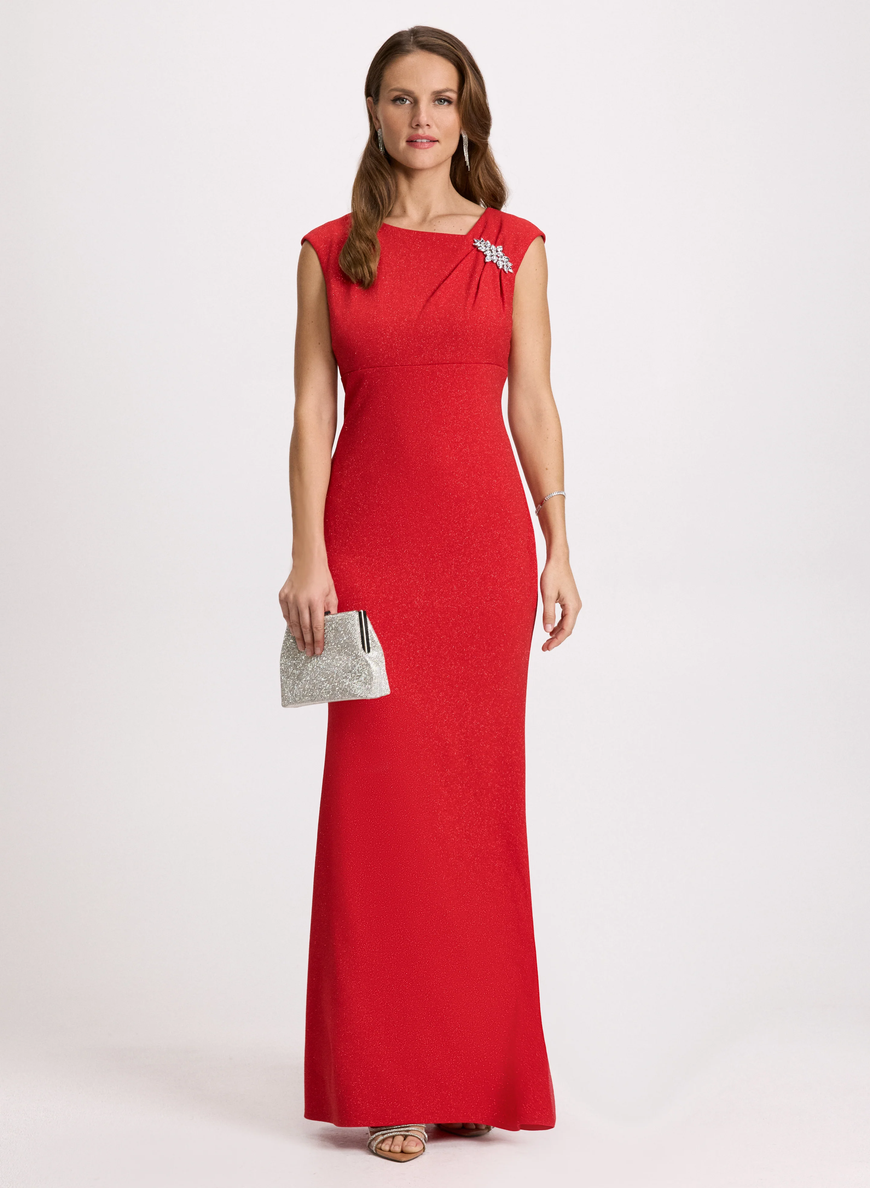 Brooch Detail Asymmetric Neck Dress