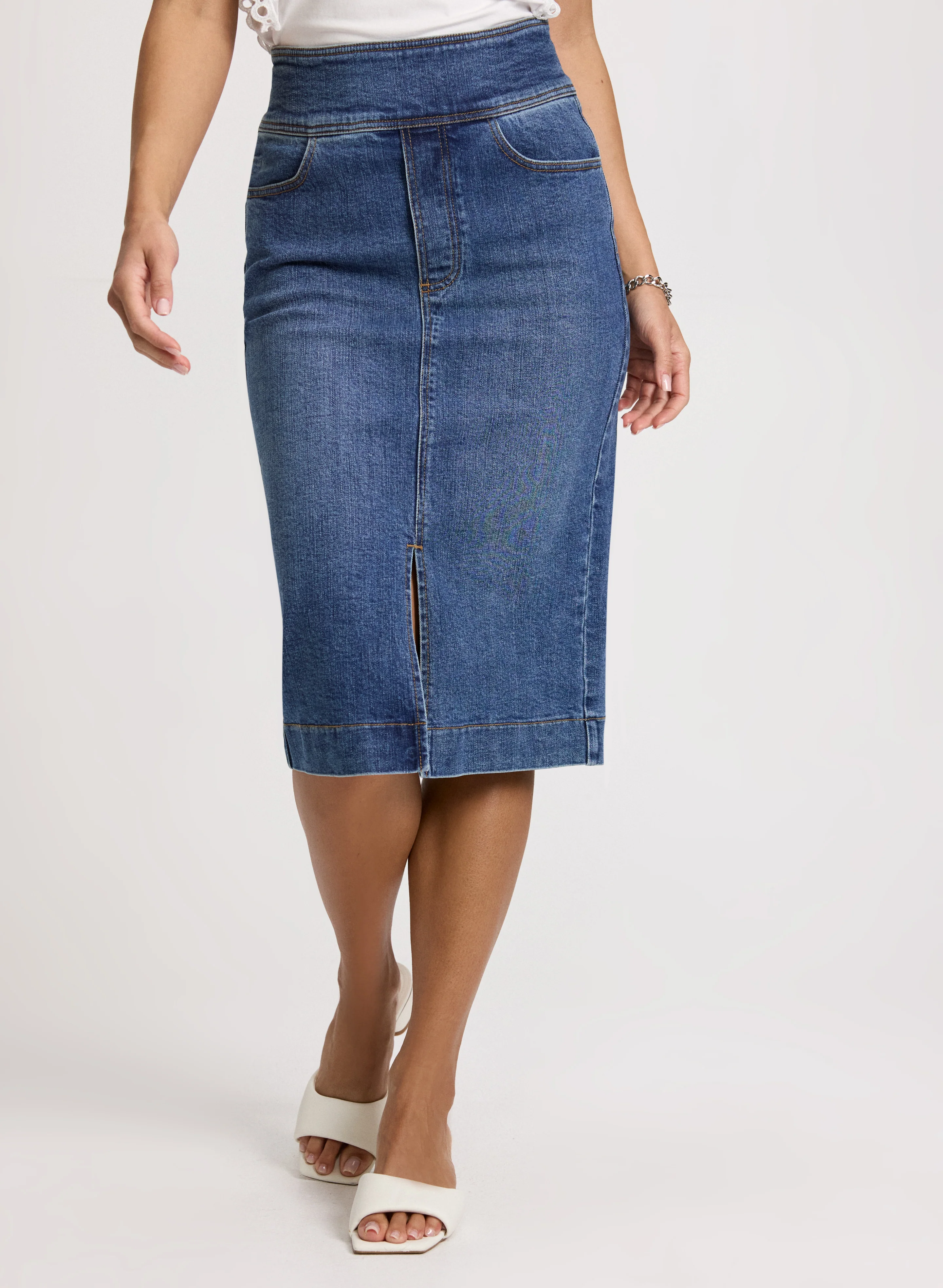 Slit-Hem Denim Midi Skirt