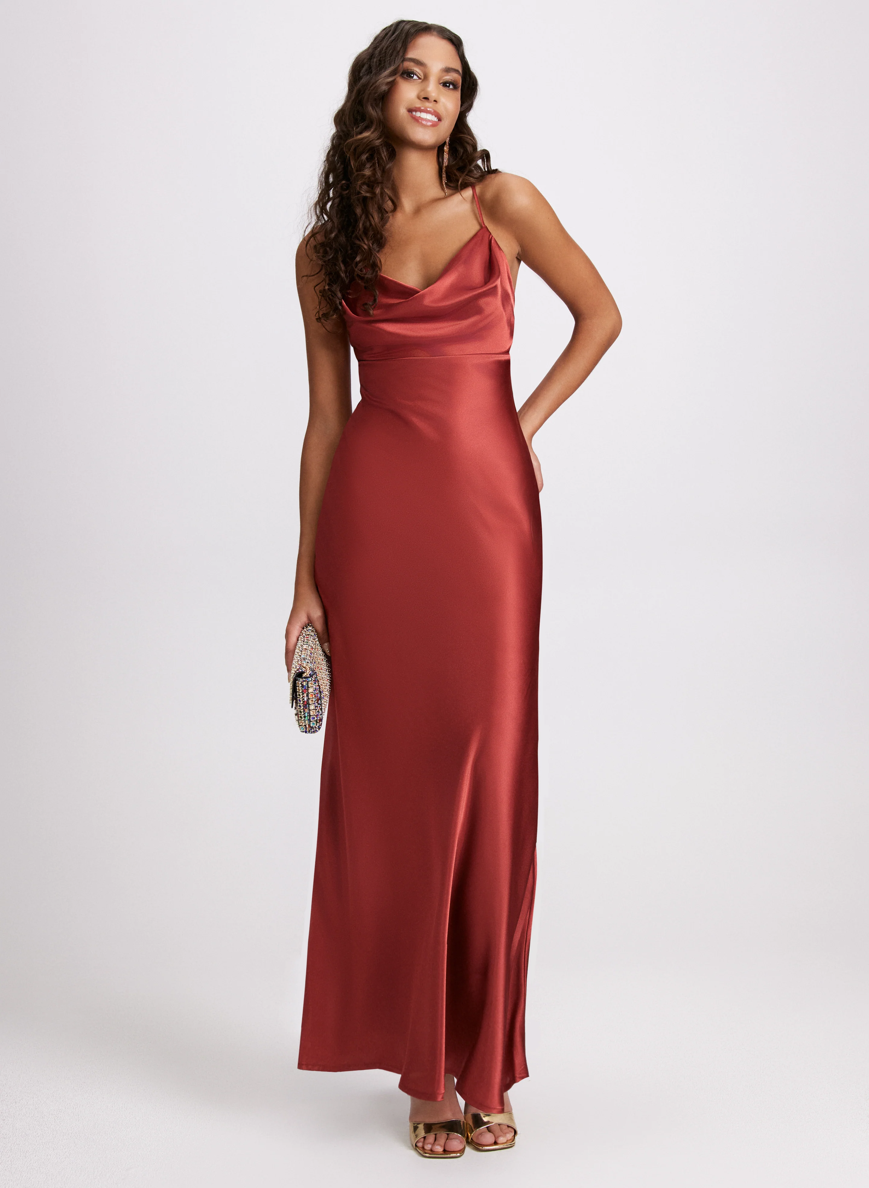 Drape Neck Satin Dress
