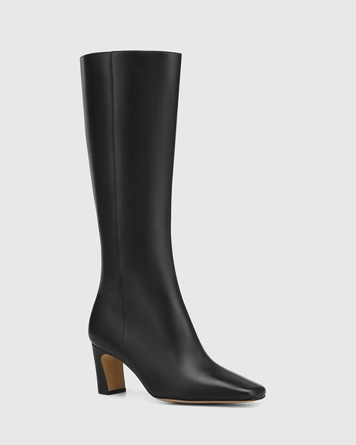 Lavish Black Leather Block Heel Long Boot