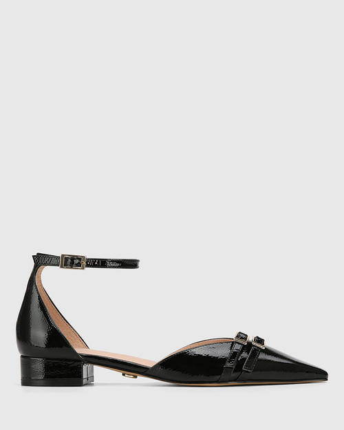 Divinia Black Crinkle Patent Leather Flat