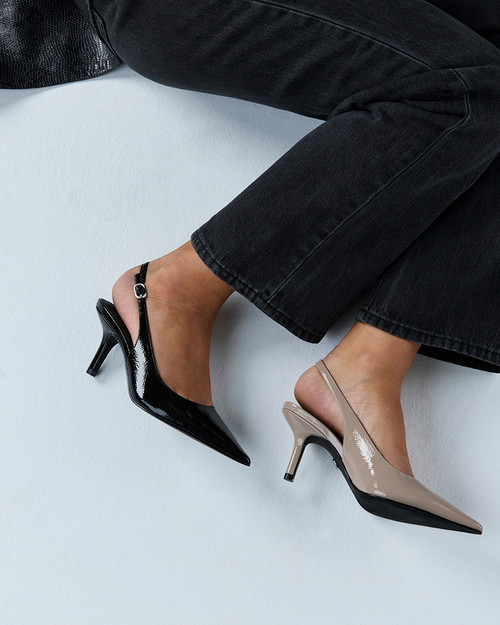 Leia Black Crinkle Patent Leather Slingback