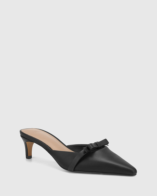 Joya Black Leather Kitten Heel Mule