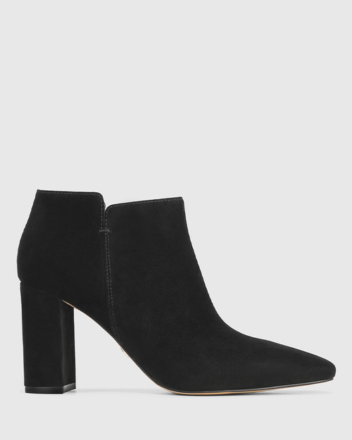 Helenna Black Suede Leather Block Heel Ankle Boot