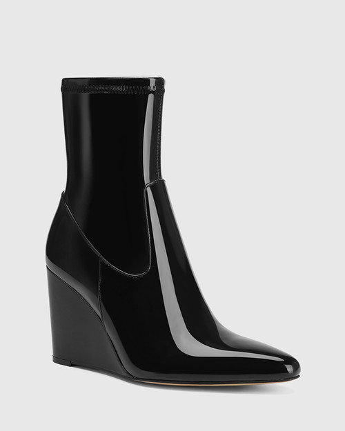 Tonya Black Patent Stretch Leather Ankle Boot