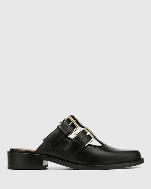 Finn Black Leather T-Bar Mule