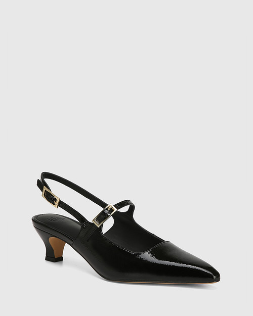 Harendra Black Crinkle Patent Leather Kitten Heel