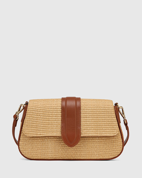 Rebekka Natural Raffia Textile with Dark Cognac Handbag