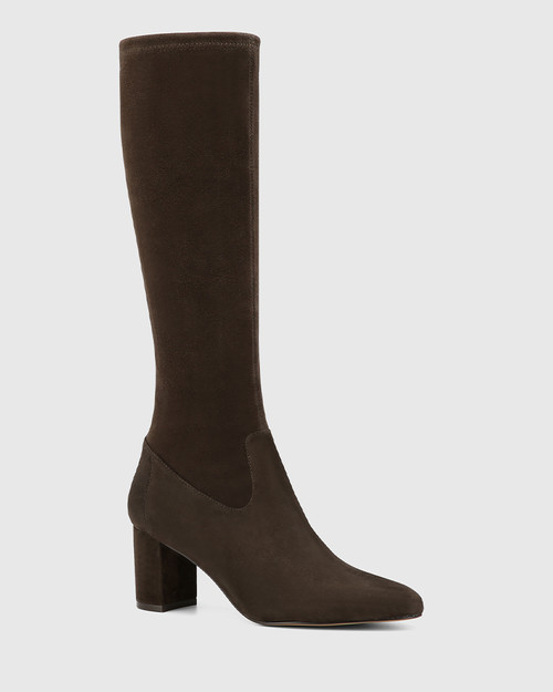 Karlea Ash Chocolate Stretch Suede Leather Knee High Boot