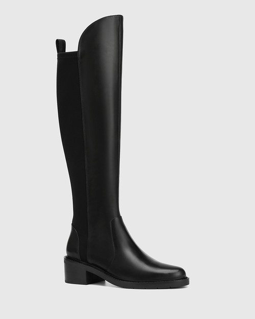 Baniska Black Leather and Neoprene Knee High Boot