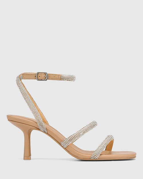 Chill Sand Leather Stiletto Heel Strappy Sandal With Diamantes