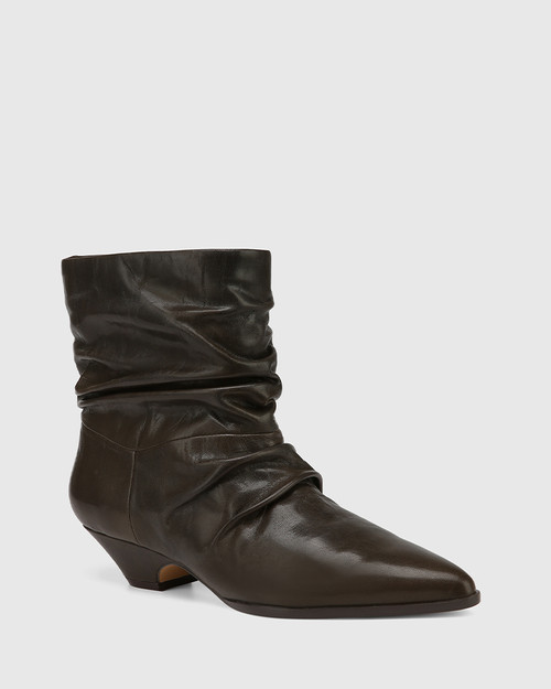 Axiel Dark Olive Waxy Leather Slouch Ankle Boot