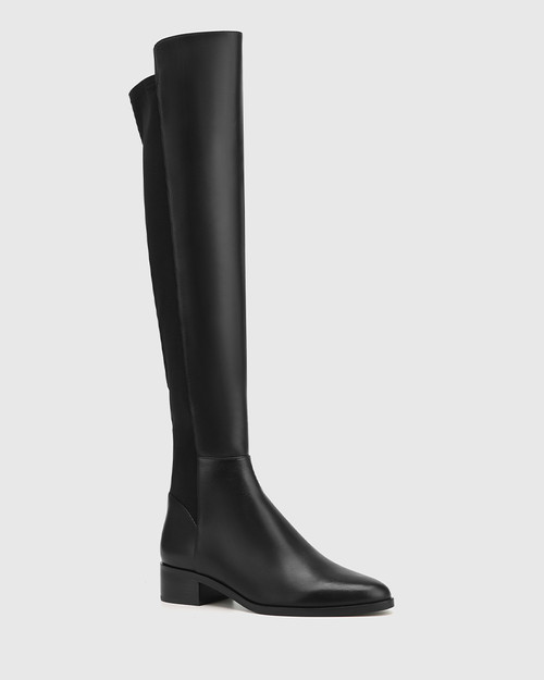 Goldy Black Leather and Recycled Textile Over The Knee Boot