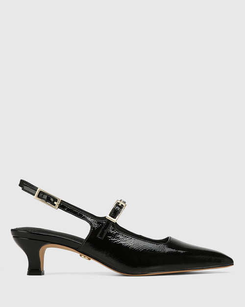Harendra Black Crinkle Patent Leather Kitten Heel