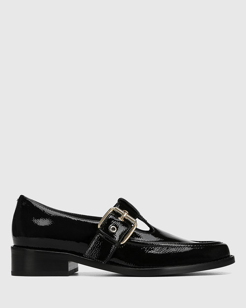Faiza Black Crinkle Patent Leather T-Bar
