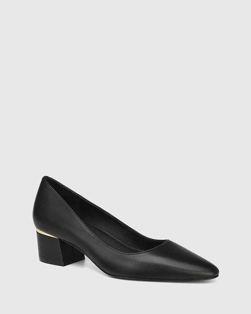 Gemmah Black Leather Block Heel Pump