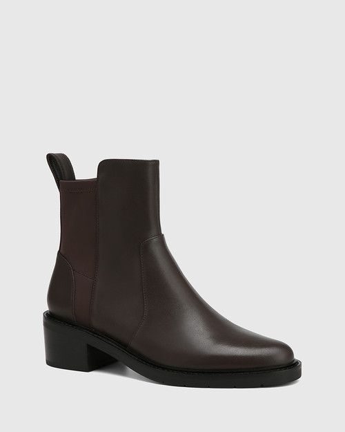 Breigh Ash Chocolate Leather and Neoprene Ankle Boot