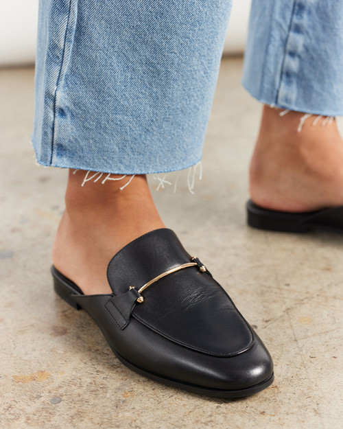 Adelaide Black Leather Backless Loafer