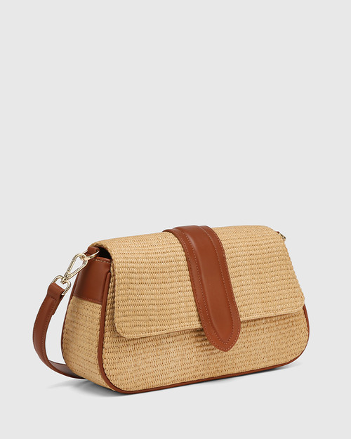 Rebekka Natural Raffia Textile with Dark Cognac Handbag
