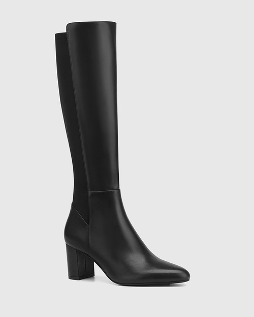 Karrie Black Leather Recycled Textile Block Heel Long Boot