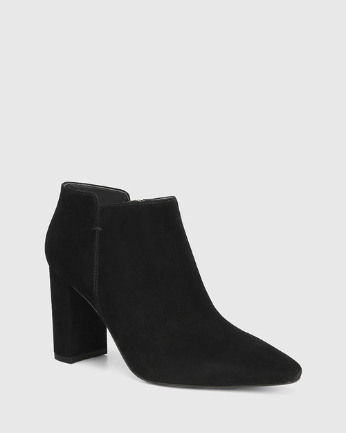Helenna Black Suede Leather Block Heel Ankle Boot