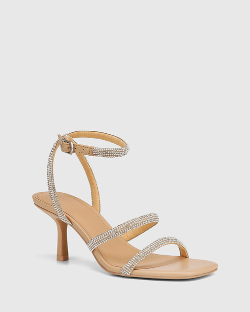 Chill Sand Leather Stiletto Heel Strappy Sandal With Diamantes