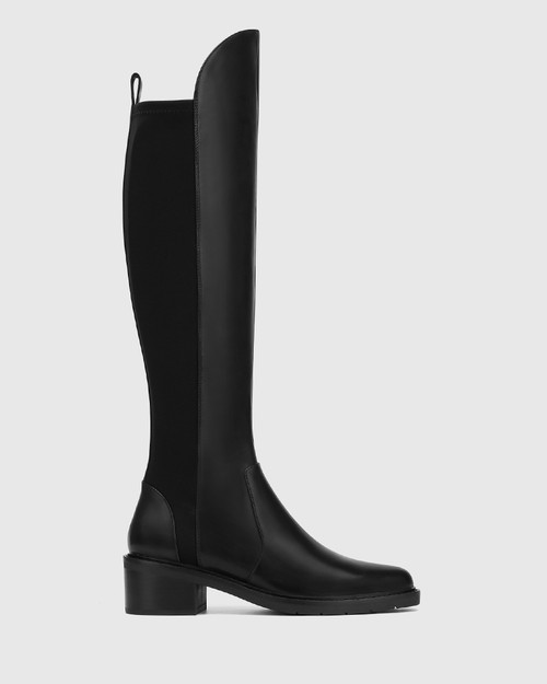 Baniska Black Leather and Neoprene Knee High Boot