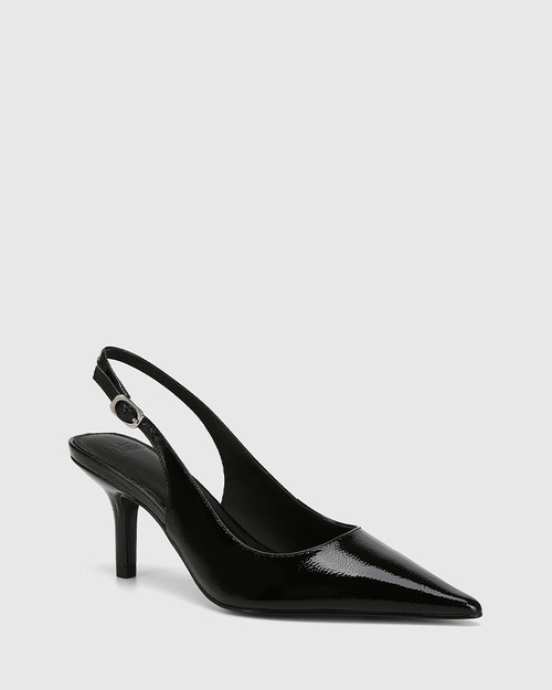 Leia Black Crinkle Patent Leather Slingback