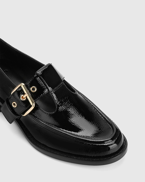 Faiza Black Crinkle Patent Leather T-Bar