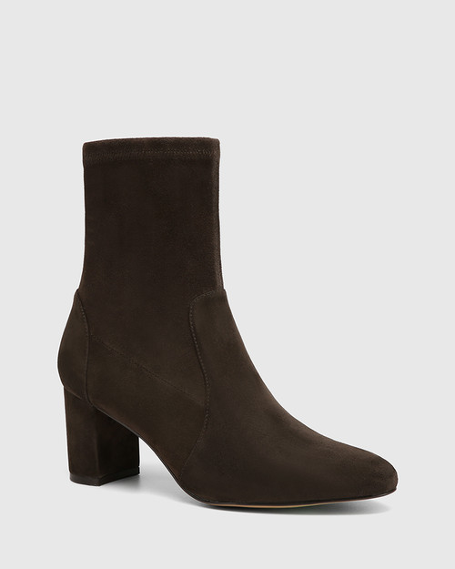 Kaci Ash Chocolate Stretch Suede Leather Ankle Boot