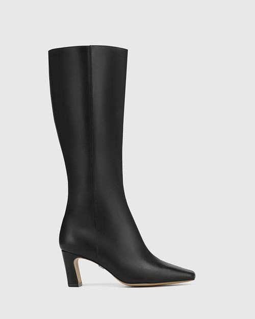 Lavish Black Leather Block Heel Long Boot