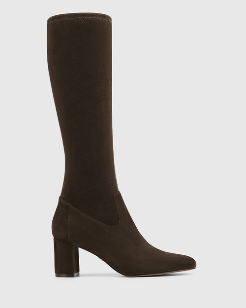 Karlea Ash Chocolate Stretch Suede Leather Knee High Boot