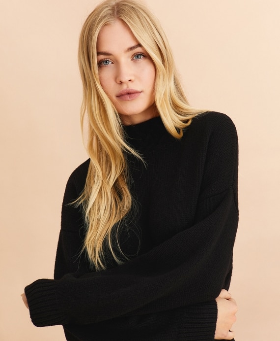 Cable-Detail Stretch Merino Wool Mockneck Sweater