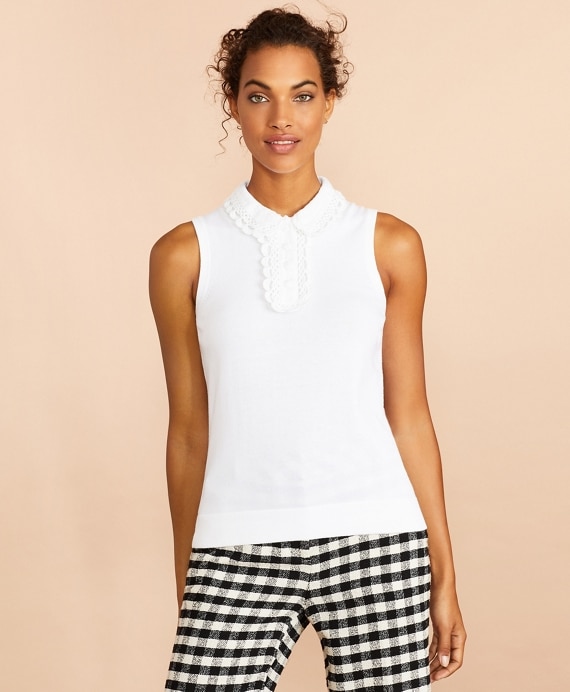 Crochet Lace-Trimmed Cotton Sleeveless Polo