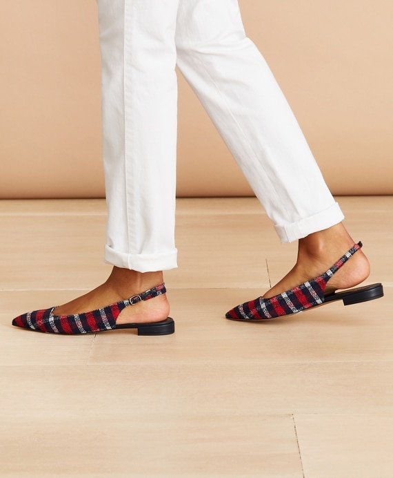 Checked Boucle Point-Toe Sling-Back Flats