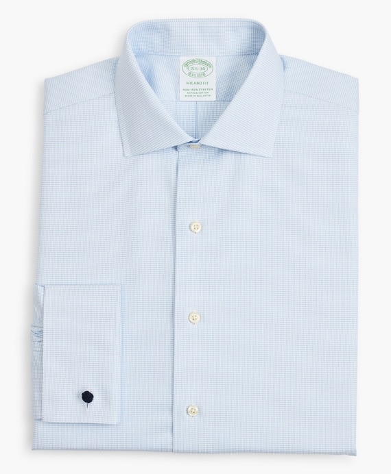 Stretch Milano Slim-Fit Dress Shirt, Non-Iron Twill English Collar French Cuff Micro-Check