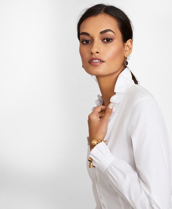 Petite Non-Iron Stretch Supima® Cotton Ruffle Pinpoint Oxford Dress Shirt