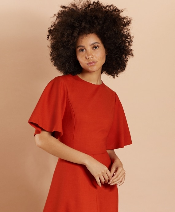 Wool-Blend Twill Bell-Sleeve Midi Dress