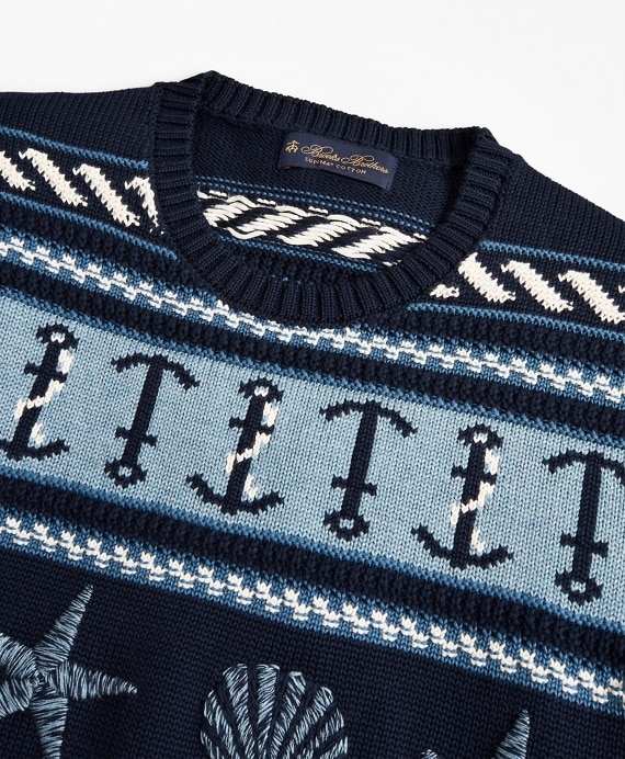 Supima® Cotton Nautical Motif Fair Isle Crewneck Sweater