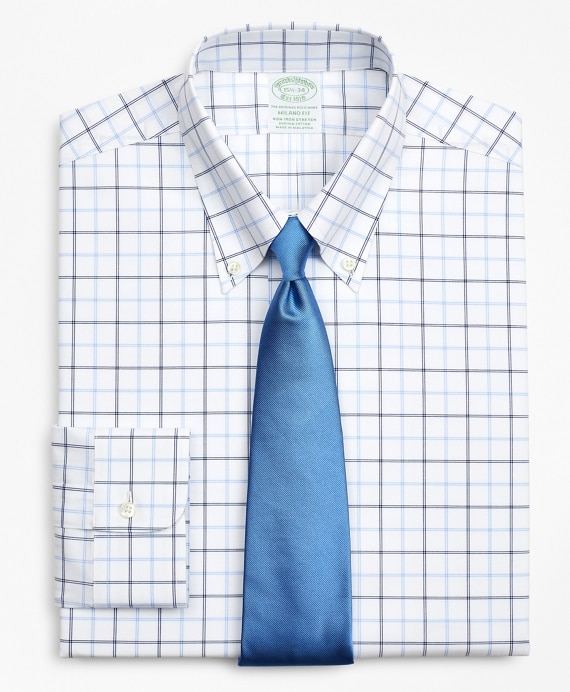 Stretch Milano Slim-Fit Dress Shirt, Non-Iron Poplin Button-Down Collar Double-Grid Check