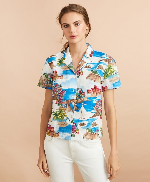 Costal-Print Linen-Cotton Camp Shirt